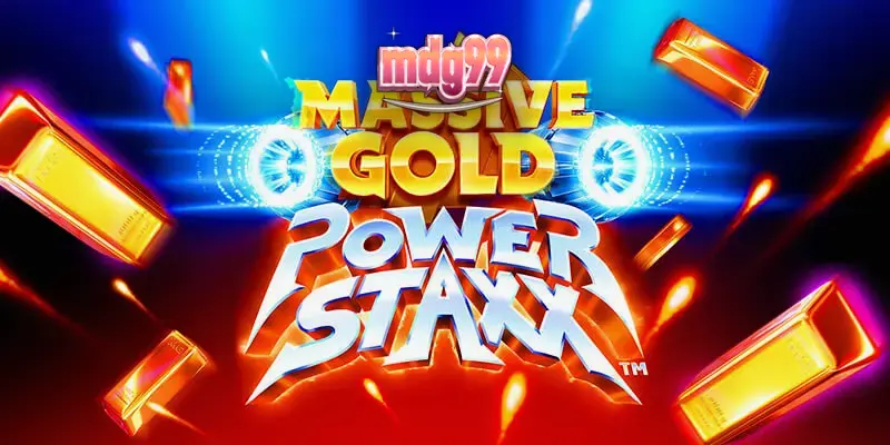 Tampilan visual futuristik dari slot Massive Gold Power Staxx dengan simbol emas dan latar galaksi.